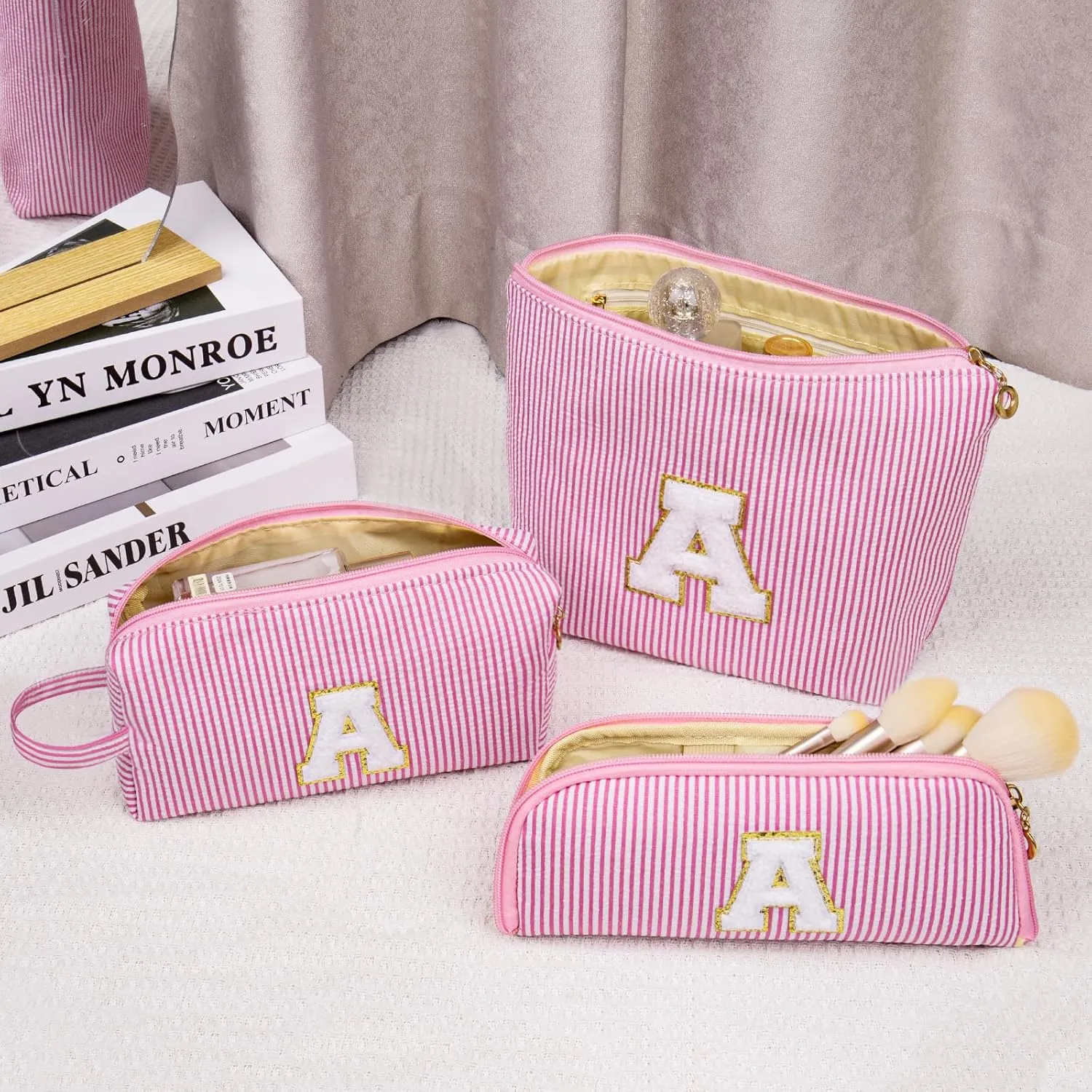 Initials Makeup Bag Set, Personalized Purple Cosmetic Bag, Cute Large Make up Bags, Travel Toiletry Bag for Women Girl Gifts E (Purple)