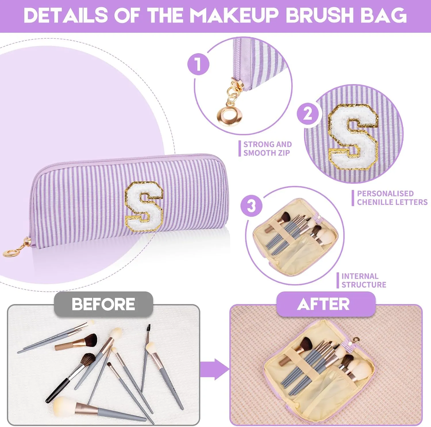 Initials Makeup Bag Set, Personalized Purple Cosmetic Bag, Cute Large Make up Bags, Travel Toiletry Bag for Women Girl Gifts E (Purple)
