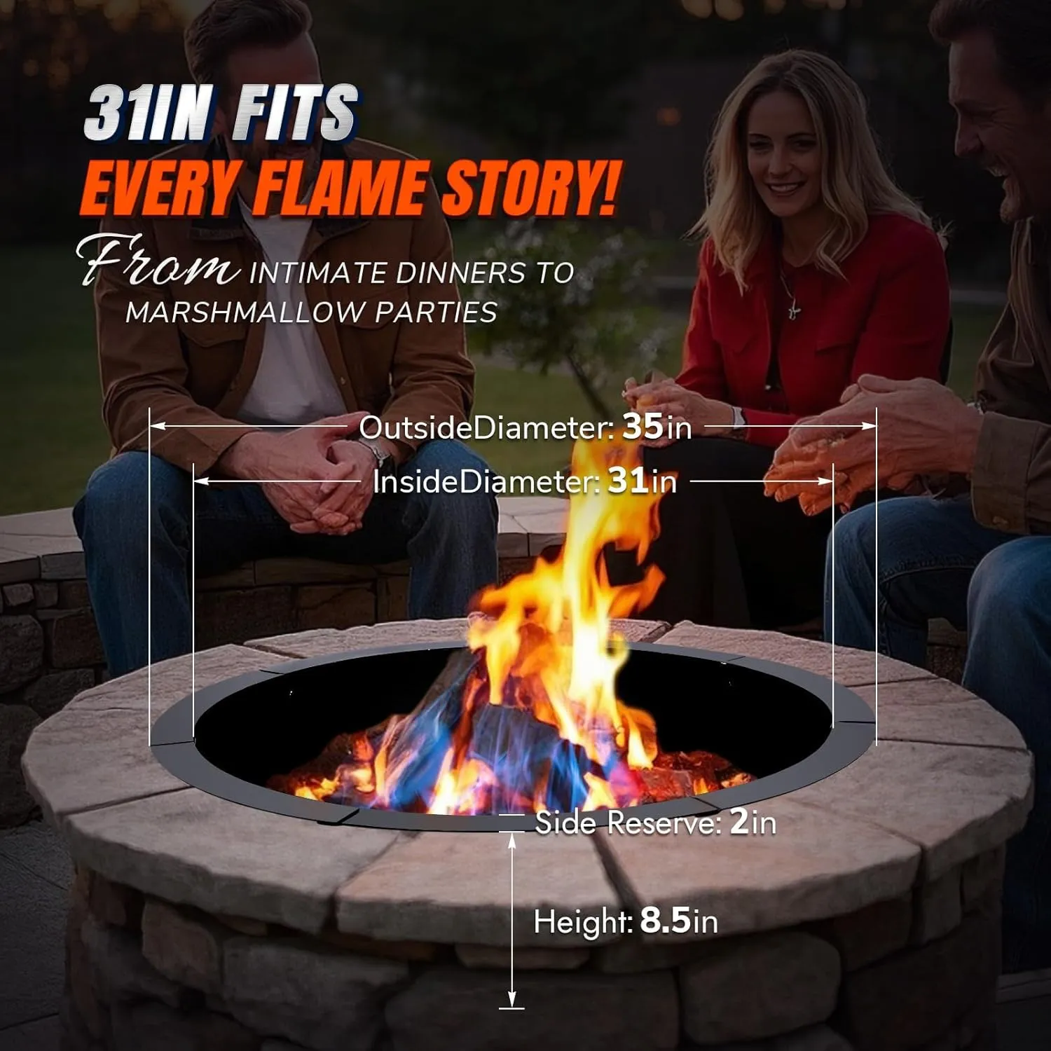 INNO STAGE 31 Inch Fire Pit Ring (35 Inch Outer), Heavy Duty Steel Fire Ring Outside, Large Round Fire Pit Insert, DIY Camping Fire Ring, Above or In-Ground, Black Carbon for Patio Backyard Bonfire