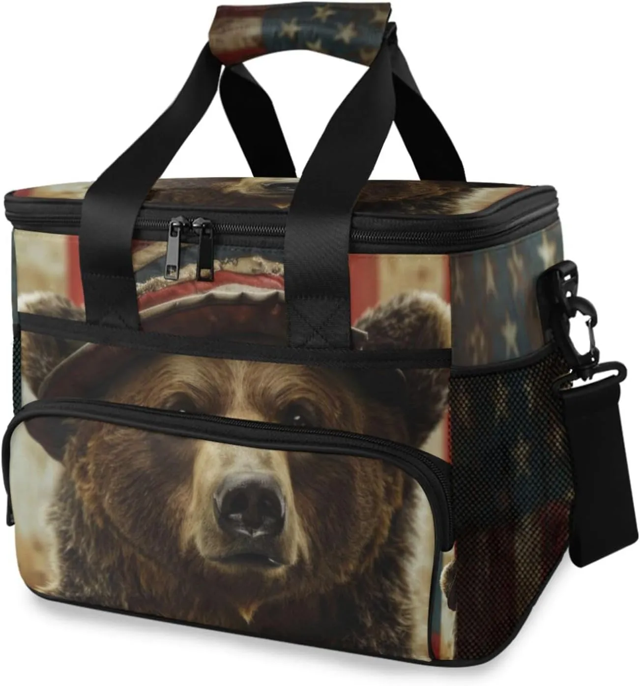 Insulated Cooler Bag 24 Cans Large Capacity Lunch Box-American Bear Print Leak Proof with Shoulder Strap for Camping Picnic