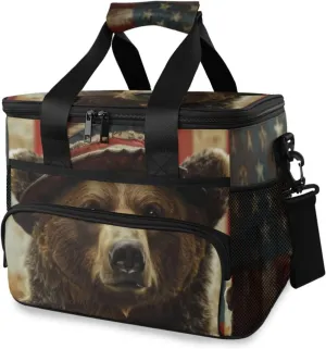 Insulated Cooler Bag 24 Cans Large Capacity Lunch Box-American Bear Print Leak Proof with Shoulder Strap for Camping Picnic