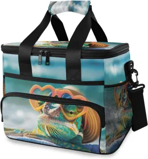 Insulated Cooler Bag 24 Cans Large Capacity Lunch Box-Chameleon Beach Print Leak Proof with Shoulder Strap for Camping Picnic