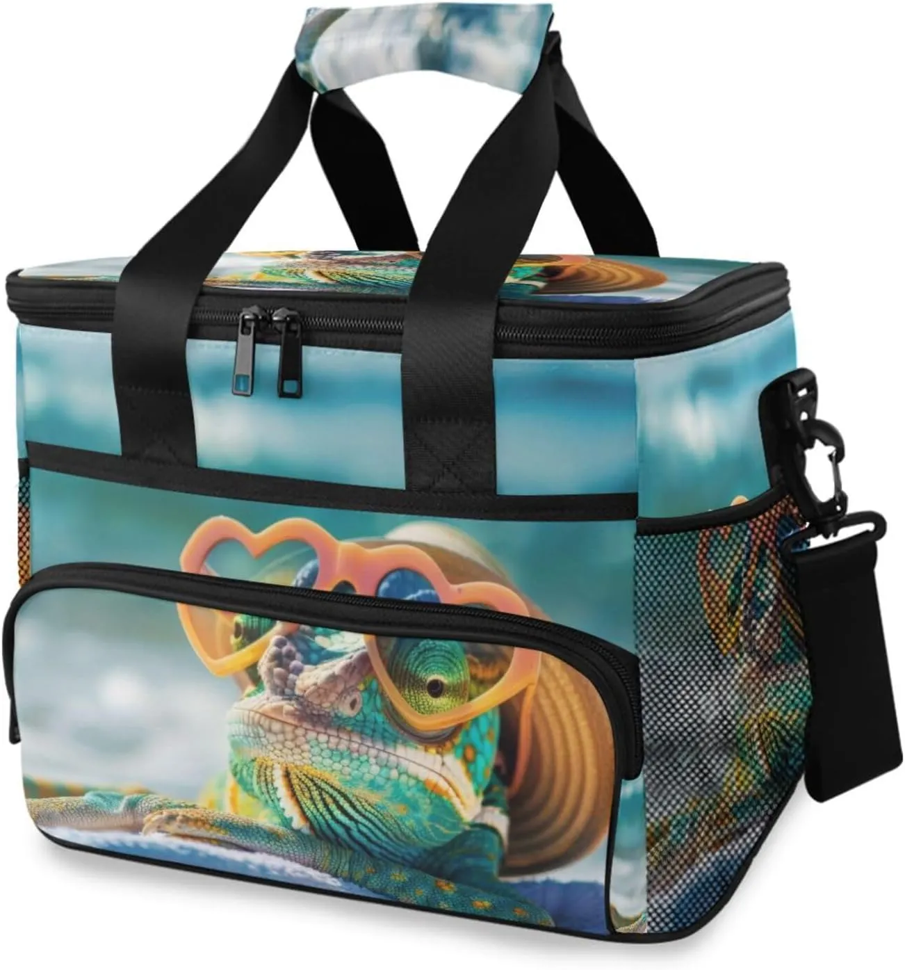 Insulated Cooler Bag 24 Cans Large Capacity Lunch Box-Chameleon Beach Print Leak Proof with Shoulder Strap for Camping Picnic