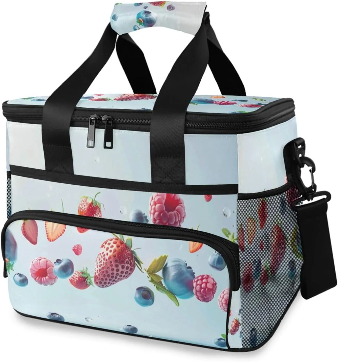 Insulated Cooler Bag 24 Cans Large Capacity Lunch Box-Falling Fruits Print Leak Proof with Shoulder Strap for Camping Picnic