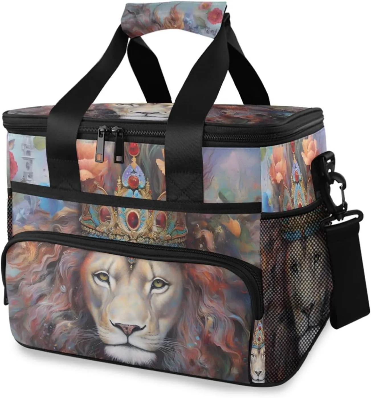 Insulated Cooler Bag 24 Cans Large Capacity Lunch Box-Flower Lion Print Leak Proof with Shoulder Strap for Camping Picnic
