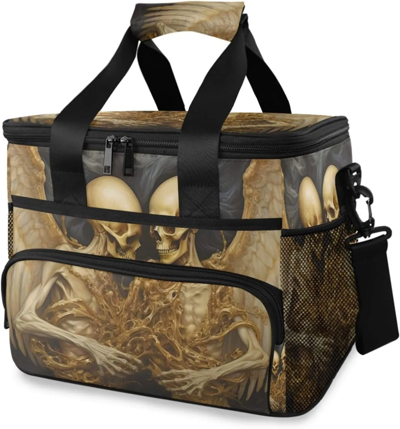 Insulated Cooler Bag 24 Cans Large Capacity Lunch Box-Golden Skeleton Print Leak Proof with Shoulder Strap for Camping Picnic