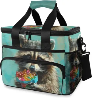 Insulated Cooler Bag 24 Cans Large Capacity Lunch Box-Raccoon and Candy Print Leak Proof with Shoulder Strap for Camping Picnic