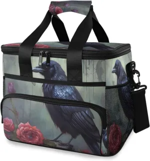 Insulated Cooler Bag 24 Cans Large Capacity Lunch Box-Rose Raven Print Leak Proof with Shoulder Strap for Camping Picnic