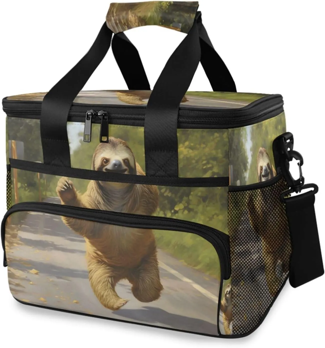 Insulated Cooler Bag 24 Cans Large Capacity Lunch Box-Sloth Running Print Leak Proof with Shoulder Strap for Camping Picnic