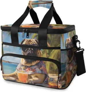 Insulated Cooler Bag 24 Cans Large Capacity Lunch Box-Tropical Pug Print Leak Proof with Shoulder Strap for Camping Picnic