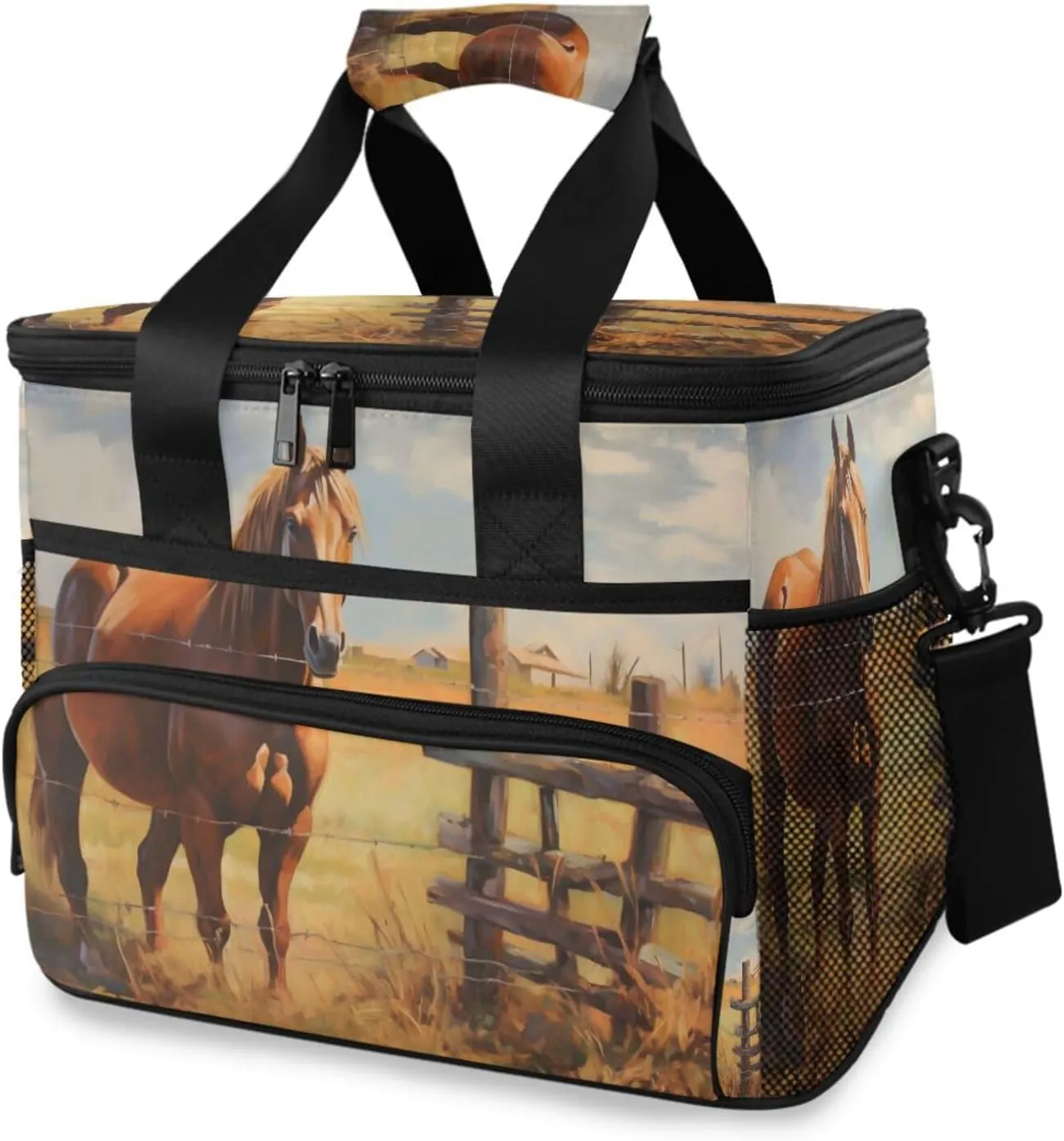 Insulated Cooler Bag 24 Cans Large Capacity Lunch Box-Wild Horse Print Leak Proof with Shoulder Strap for Camping Picnic