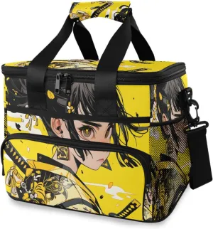 Insulated Cooler Bag 24 Cans Large Capacity Lunch Box-Yellow Anime Samurai Print Leak Proof with Shoulder Strap for Camping Picnic