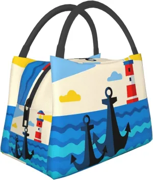 Insulated Lunch Bag for Men Women, Reusable Large Capacity Lunch Box, Leakproof Thermal Meal Cooler Handbags Tote Bag for Office Work Picnic, Ocean Anchor Lighthouse