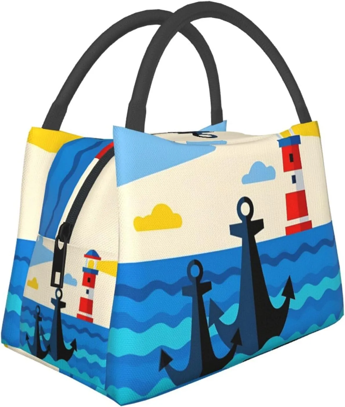 Insulated Lunch Bag for Men Women, Reusable Large Capacity Lunch Box, Leakproof Thermal Meal Cooler Handbags Tote Bag for Office Work Picnic, Ocean Anchor Lighthouse