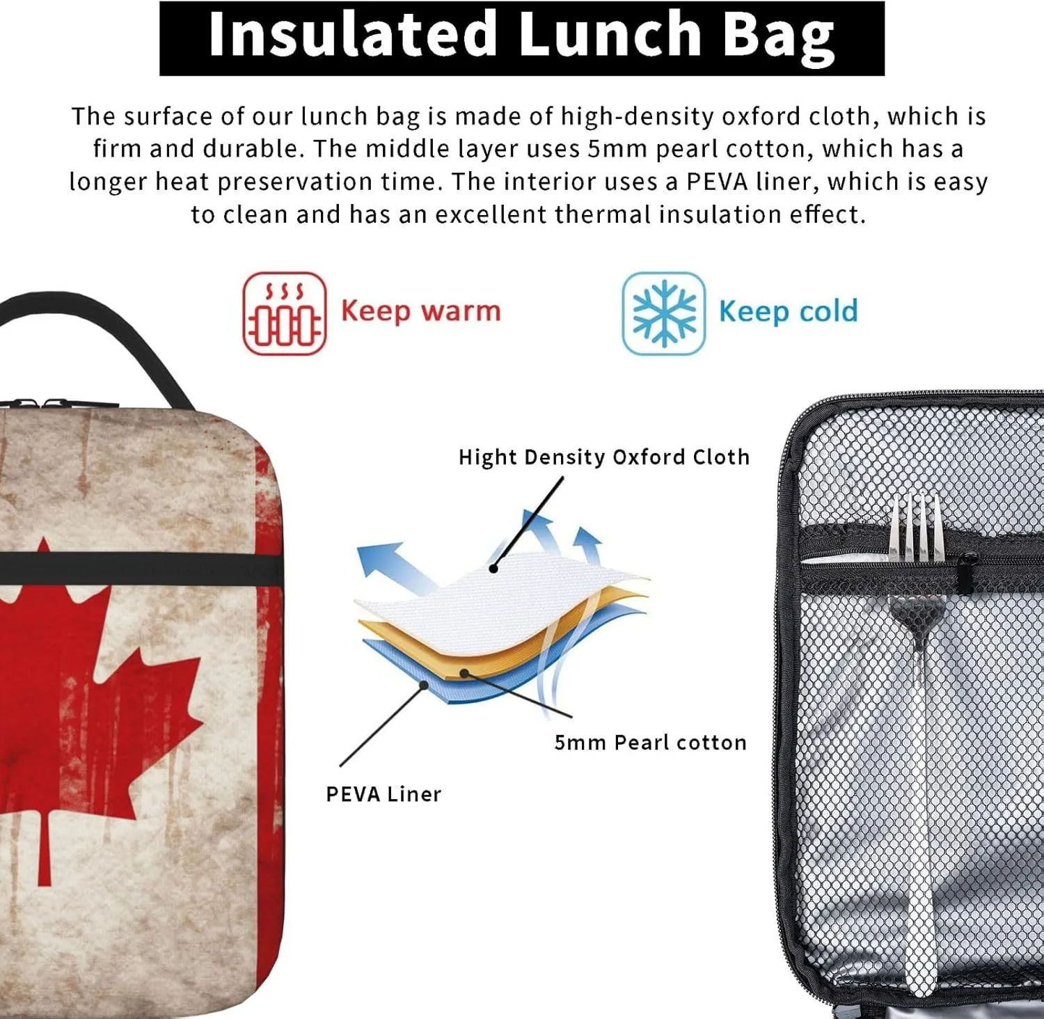 Insulated Lunch Bag for Women Men Retro Canada Flag_76286059 Lunch Box Reusable Lunch Tote Bag for Work Picnic Travel