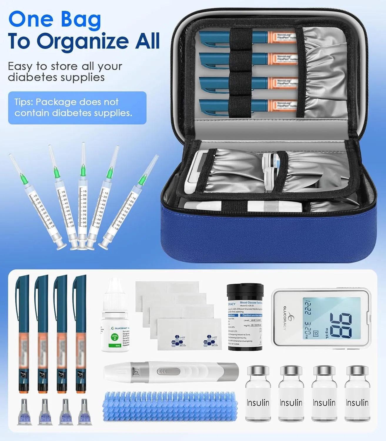 Insulin Cooler Travel Case, Large Medication Cooler Bag with 4 Reusable Ice Packs for Insulin Pens and Diabetic Supplies, Diabetic Care Kits Organizer with Handle Design, Blue
