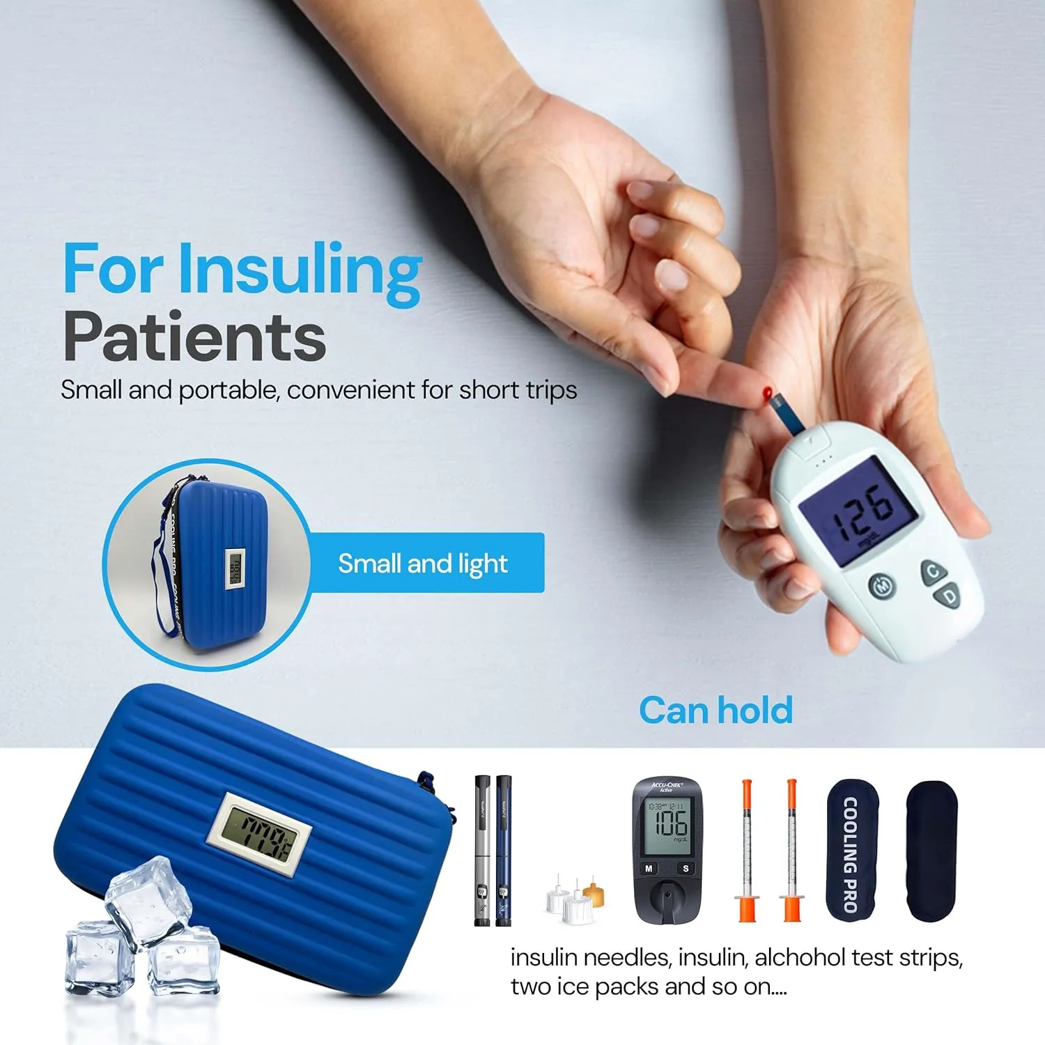 Insulin Cooler Travel Case TSA Approved with Temperature Display, Diabetic Medicine Cooling Bag Insulin Pen Cooler Travel Case, Diabetes Bag for Supplies with 2 Ice Packs (Blue)