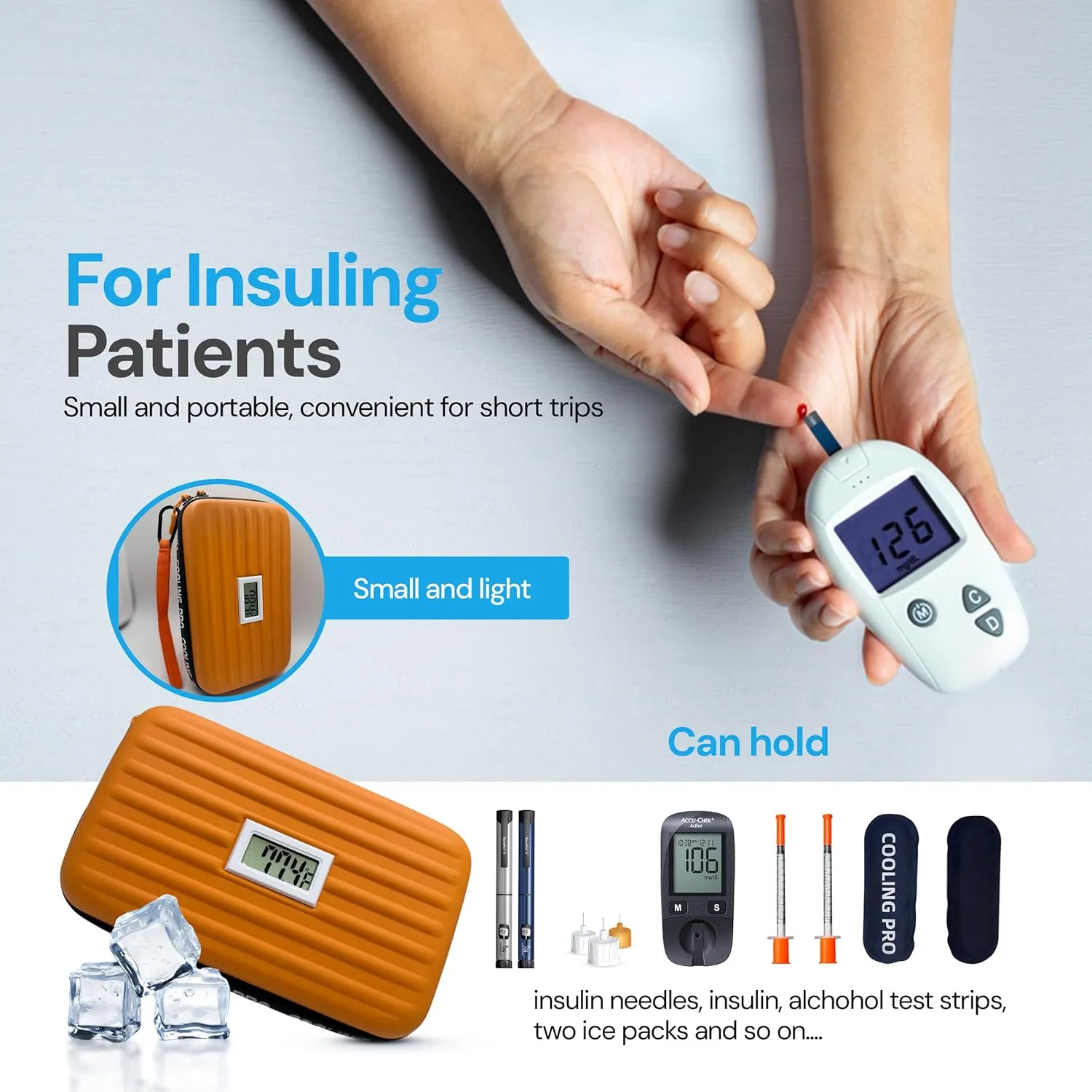 Insulin Cooler Travel Case TSA Approved with Temperature Display, Diabetic Medicine Cooling Bag Insulin Pen Cooler Travel Case, Diabetes Bag for Supplies with 2 Ice Packs (Orange)