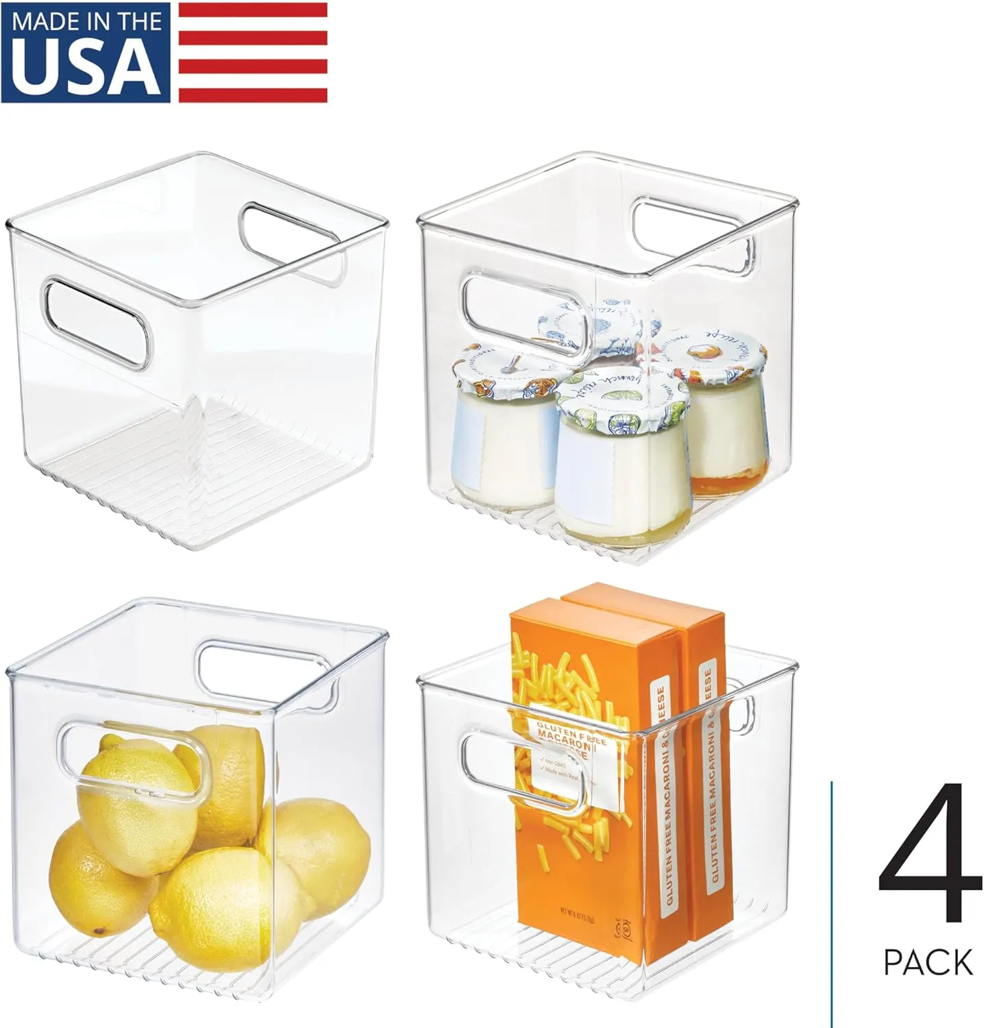 InterDesign iDesign Pantry Storage Bins with Handles - Cube Organizer Bins for Cabinets or Fridge - Set of 4 - Clear