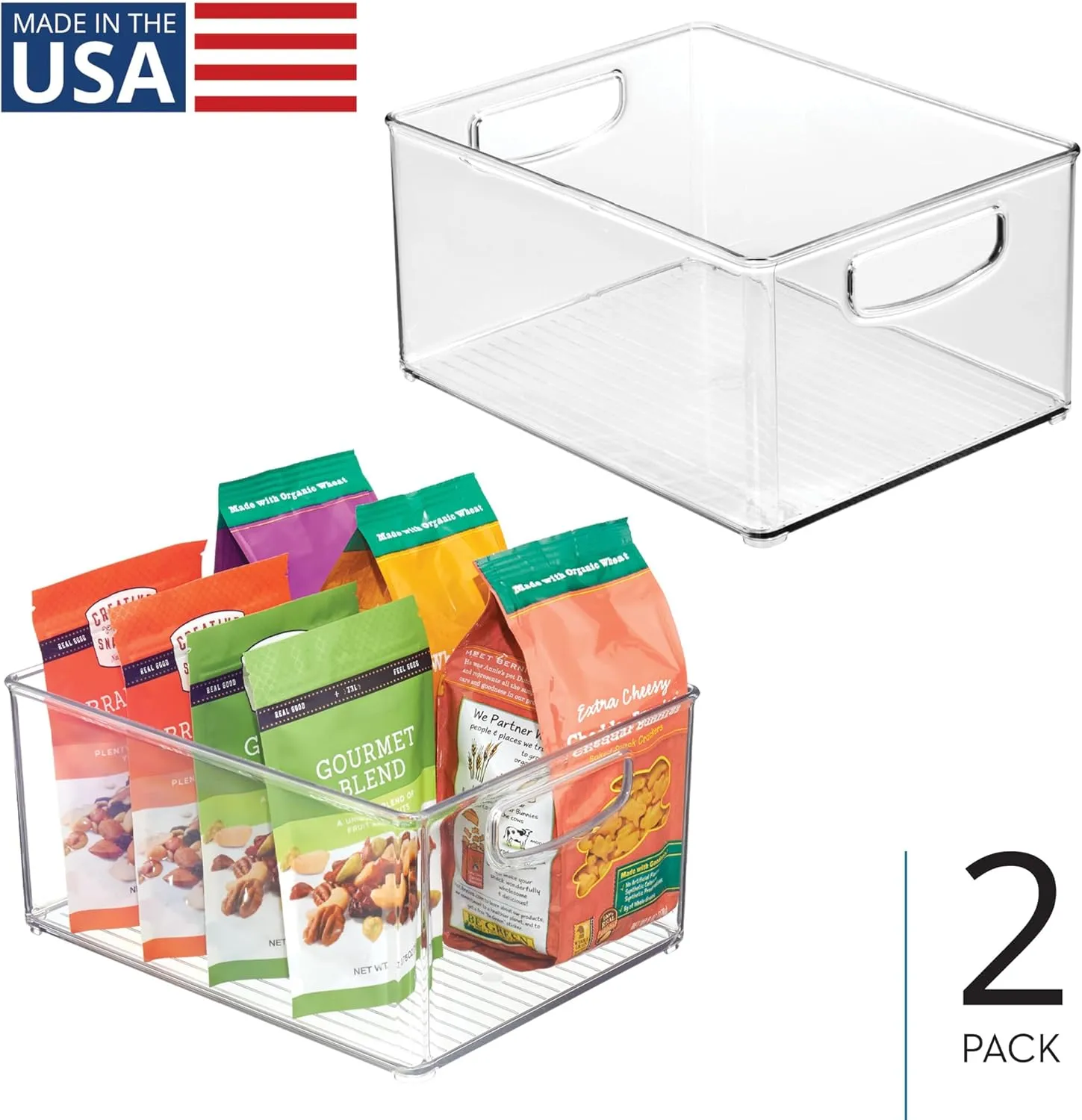 InterDesign iDesign Plastic Stackable Pantry Bin - Organizer Bin with Handles for Cabinets or Fridge - Set of 2 - Clear