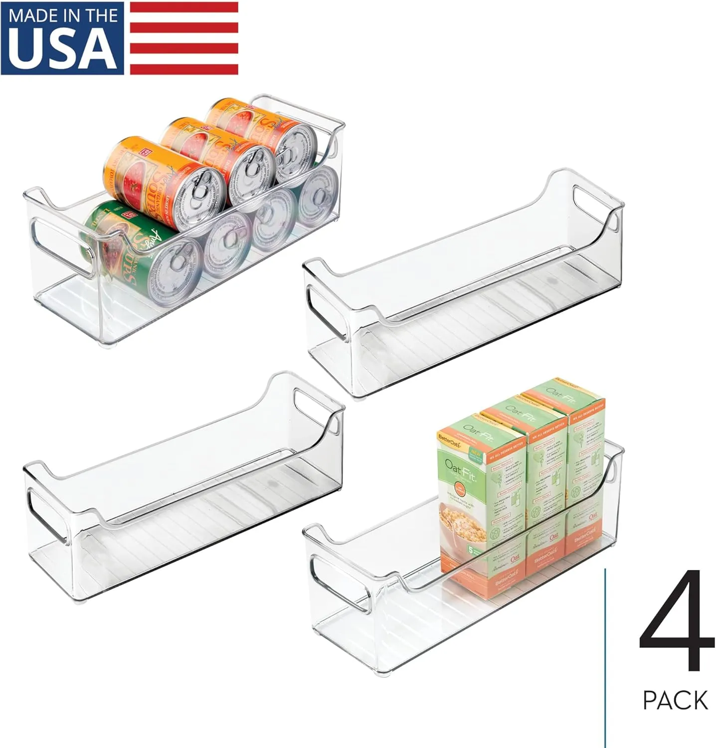 InterDesign iDesign Stackable Plastic Pantry Bin - Storage Bin with Handles for Cabinets or Fridge - Set of 4 - Clear