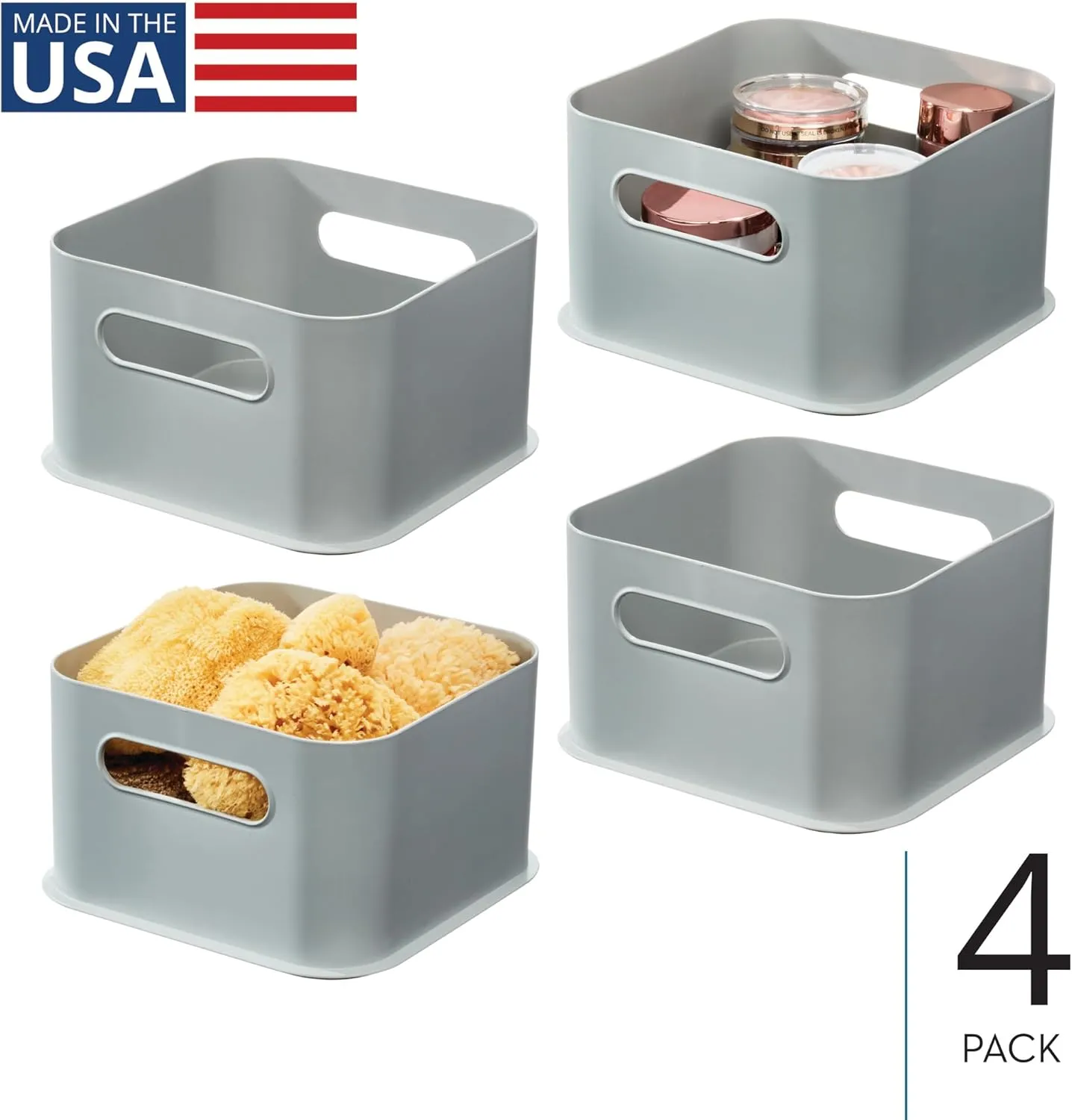 InterDesign iDesign Storage Bins with Handles - Organize Kitchen, Bathroom, or Home Office - Set of 4 - Gray