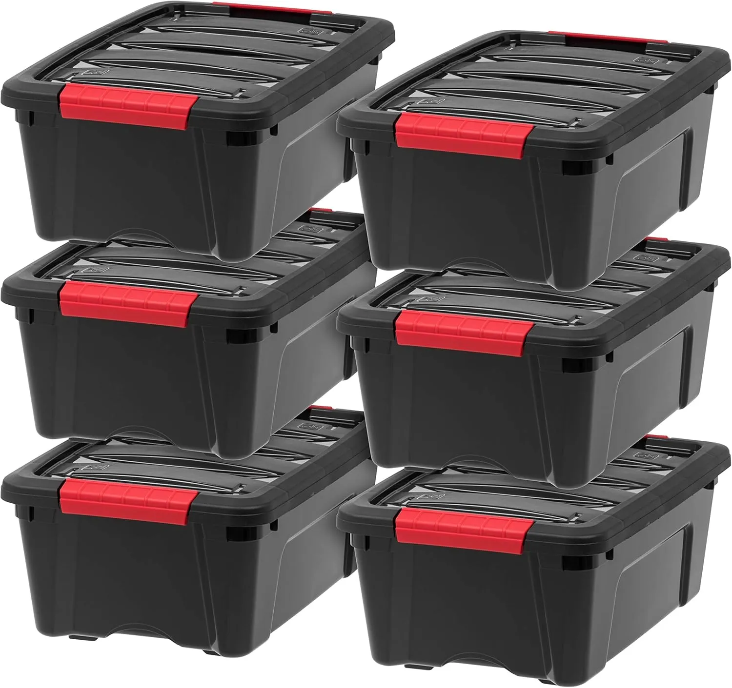 IRIS USA 13 Qt Stackable Plastic Storage Bins with Lids, 6 Pack - BPA-Free, Made in USA - Garage Organizing Solution, Latches, Durable Nestable Containers, Secure Pull Handle - Black