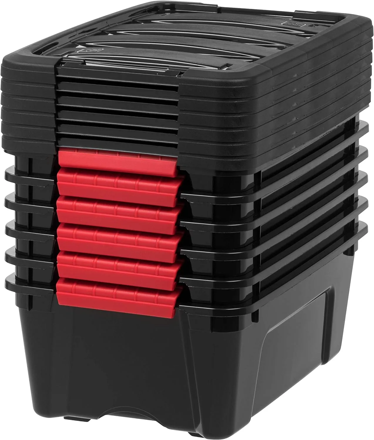 IRIS USA 13 Qt Stackable Plastic Storage Bins with Lids, 6 Pack - BPA-Free, Made in USA - Garage Organizing Solution, Latches, Durable Nestable Containers, Secure Pull Handle - Black