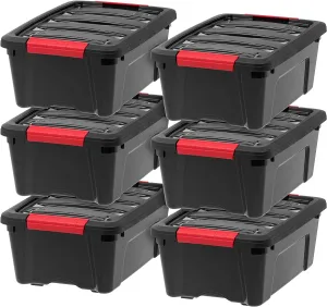 IRIS USA 13 Qt Stackable Plastic Storage Bins with Lids, 6 Pack - BPA-Free, Made in USA - Garage Organizing Solution, Latches, Durable Nestable Containers, Secure Pull Handle - Black