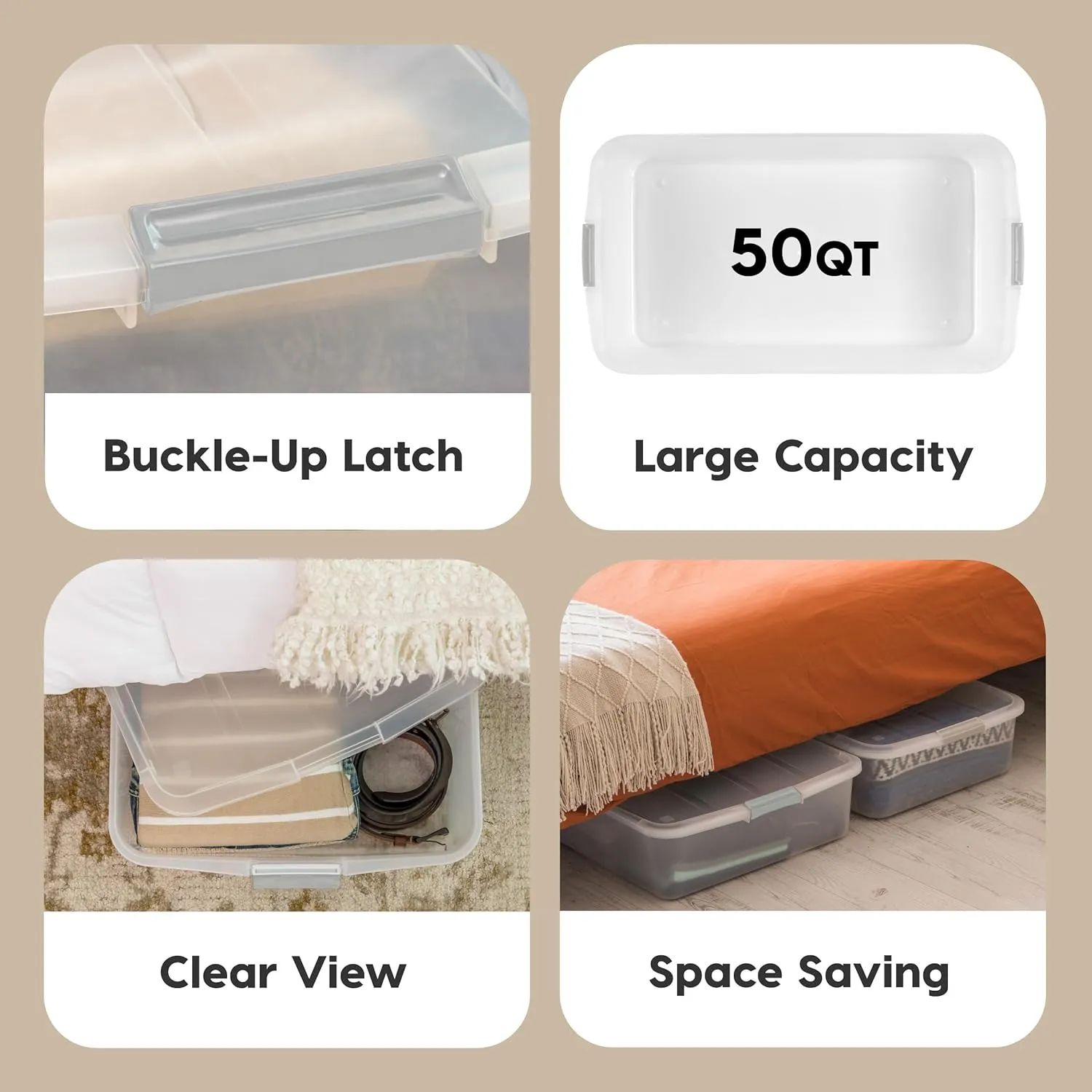 IRIS USA 50 Qt Plastic Under Bed Storage Organizer Bin Container with Secure Lids and Durable Black Buckles, Multi-Purpose for Clothes Shoes Clothing Bedding, Long, Clear