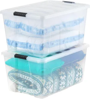 IRIS USA 94 Qt Stackable Plastic Storage Bins with Lids, 2 Pack - BPA-Free, Made in USA - See-Through Organizing Solution, Latches, Durable Nestable Containers, Secure Pull Handle - Clear