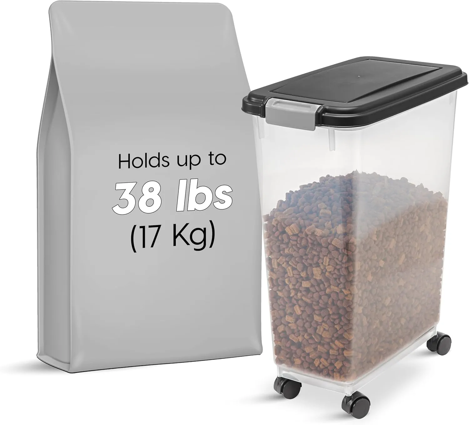 IRIS USA Airtight Dog Food Storage Container, Up to 38 lbs, Attachable Wheels, For Dog Cat Bird and Other Pet Food Storage Bin, Keep Fresh, Translucent Body, Easy Mobility, Black