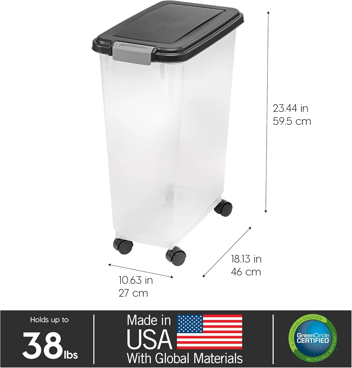 IRIS USA Airtight Dog Food Storage Container, Up to 38 lbs, Attachable Wheels, For Dog Cat Bird and Other Pet Food Storage Bin, Keep Fresh, Translucent Body, Easy Mobility, Black