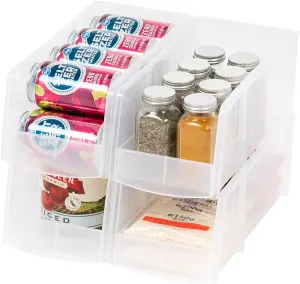 IRIS USA Clear Plastic Stackable Storage Bins, Large- 4 Pack, Open Front Fridge Pantry Kitchen Closet Cabinet Bathroom Organizer Basket for Organizing Snack, Cans, Office Supplies, and Coffee Pods