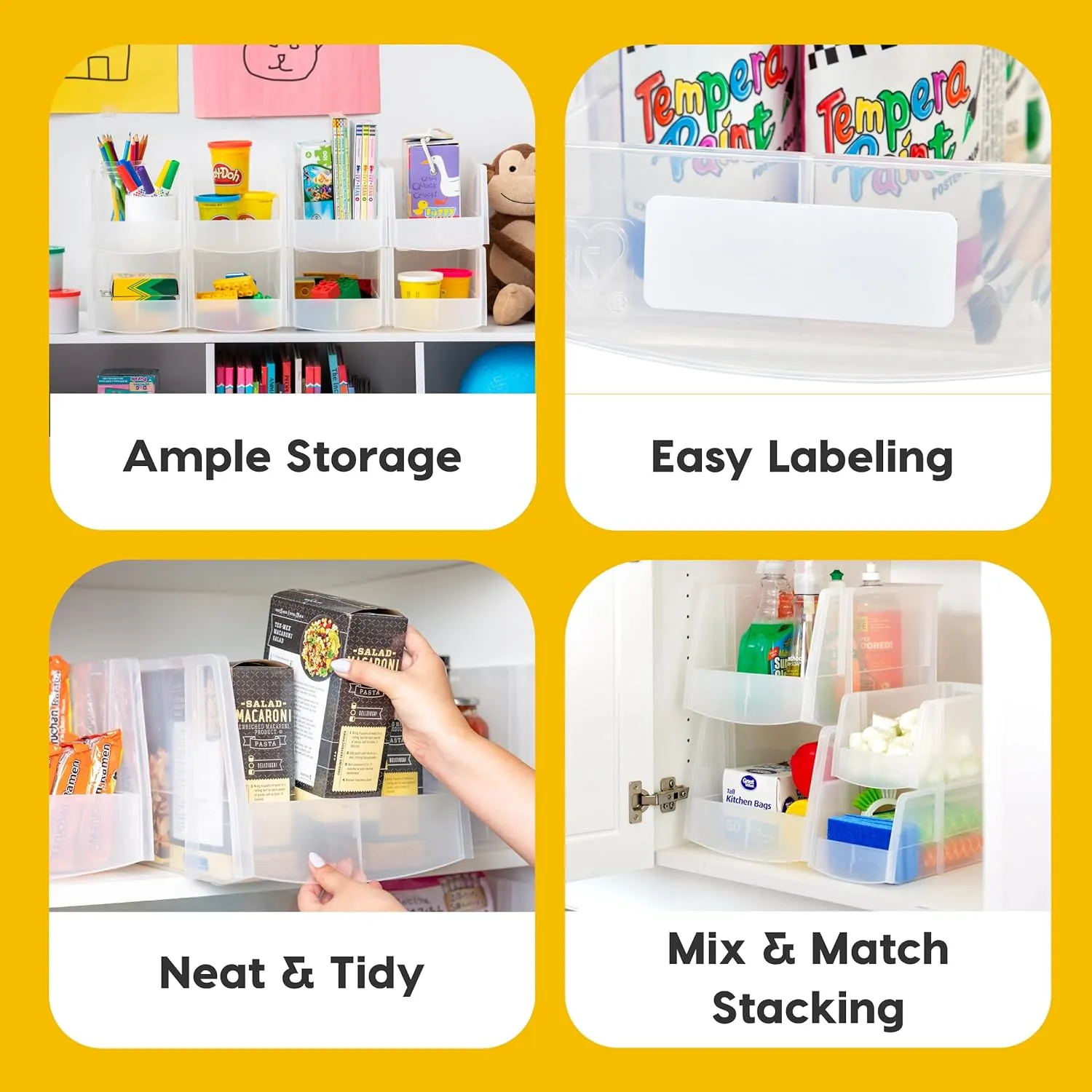 IRIS USA Clear Plastic Stackable Storage Bins, Large- 4 Pack, Open Front Fridge Pantry Kitchen Closet Cabinet Bathroom Organizer Basket for Organizing Snack, Cans, Office Supplies, and Coffee Pods