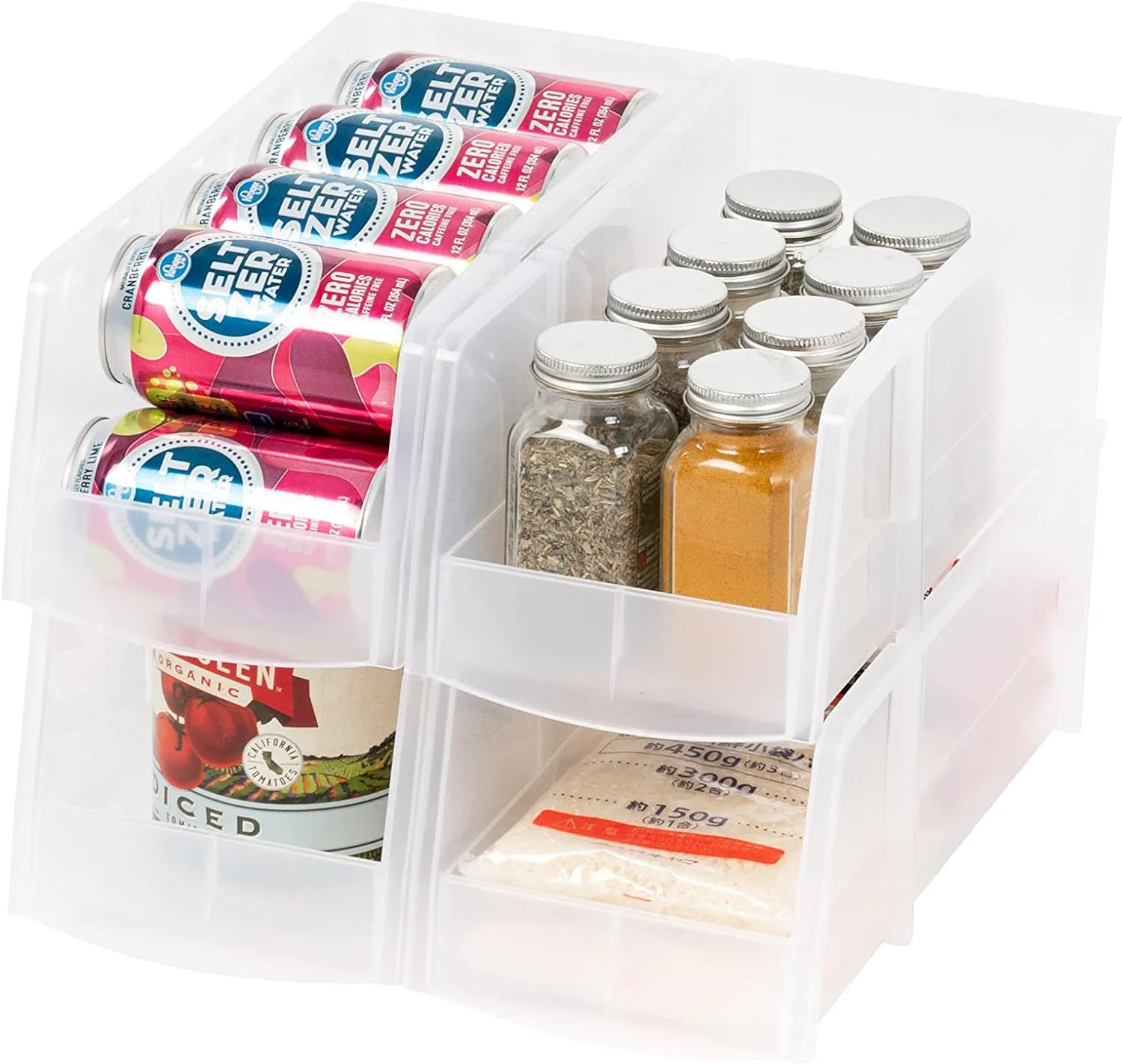 IRIS USA Clear Plastic Stackable Storage Bins, Large- 4 Pack, Open Front Fridge Pantry Kitchen Closet Cabinet Bathroom Organizer Basket for Organizing Snack, Cans, Office Supplies, and Coffee Pods