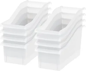 IRIS USA Plastic Book Bin Magazine Holder, 8-Pack, Vertical Standing Connecting Container Box for Office Dorm Study Homework Binder Notebook File Craft Stationery Supplies Organizer Caddy, Clear