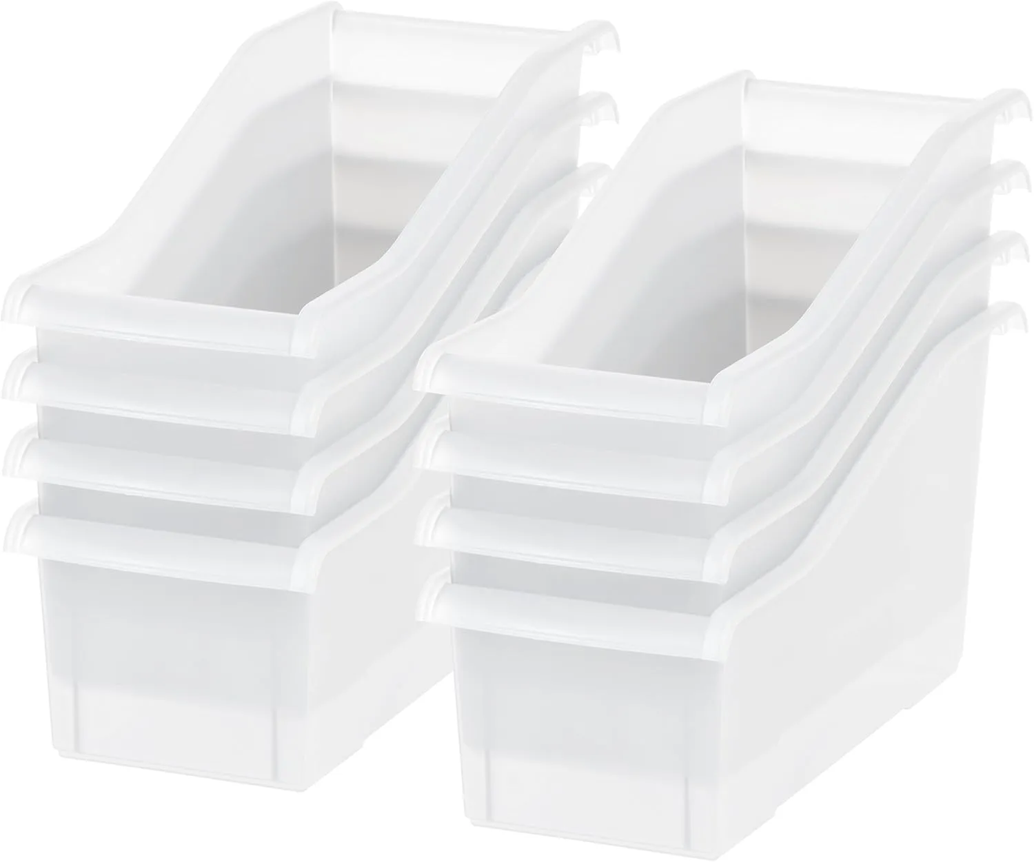 IRIS USA Plastic Book Bin Magazine Holder, 8-Pack, Vertical Standing Connecting Container Box for Office Dorm Study Homework Binder Notebook File Craft Stationery Supplies Organizer Caddy, Clear