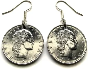 Italy 50 Lire coin earrings Italian jewelry laureate Roma Milan Florence Venice Verona Genoa Perugia Palermo Bologna Torino Napoli Cagliari San Gimignano Siena Modena Vulcan blacksmith e000124