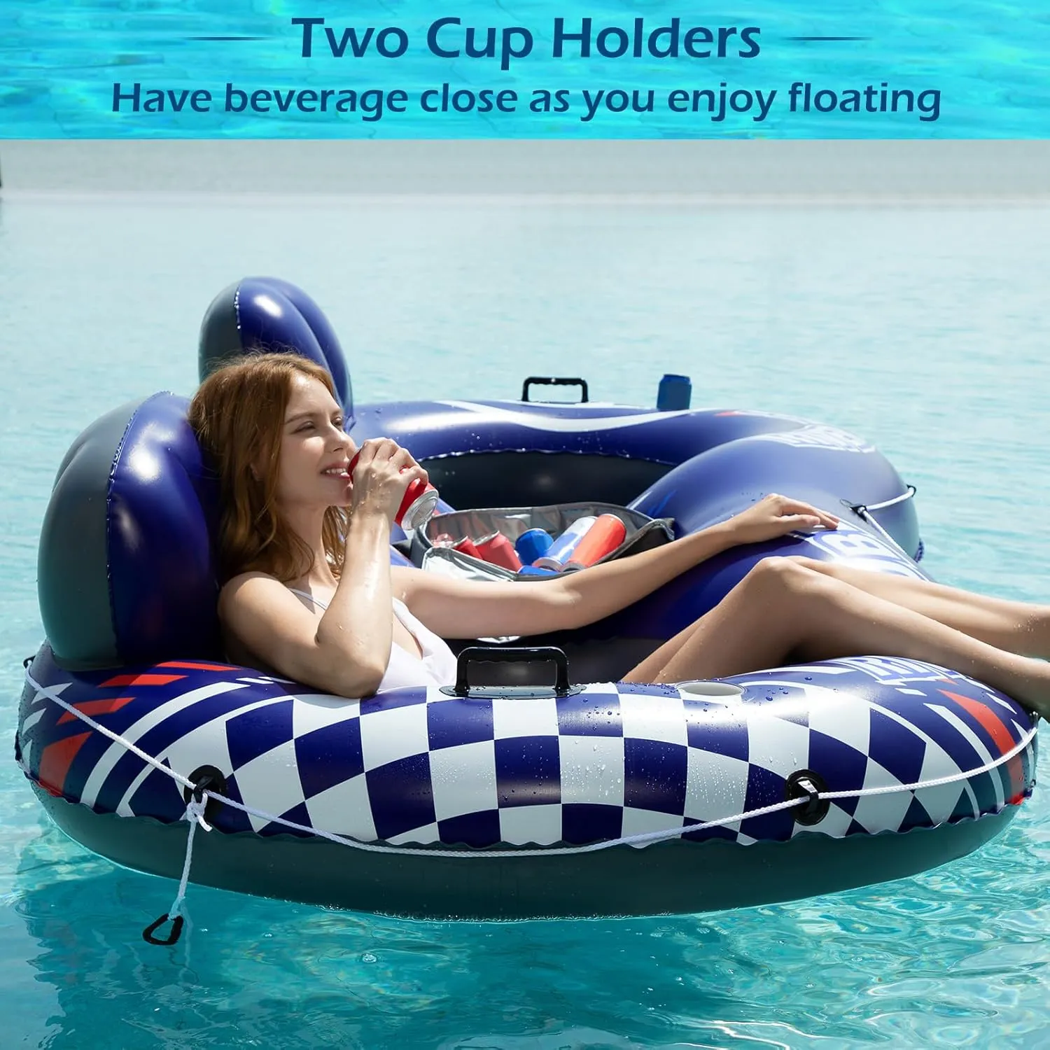 Jasonwell Inflatable River Tube Float - 2 Person Heavy Duty River Float Pool Floats with Removable Cooler Lake Water Tubes for Floating River Raft Lounge Floatie with 2 Cup Holders for Adults (D-Blue)