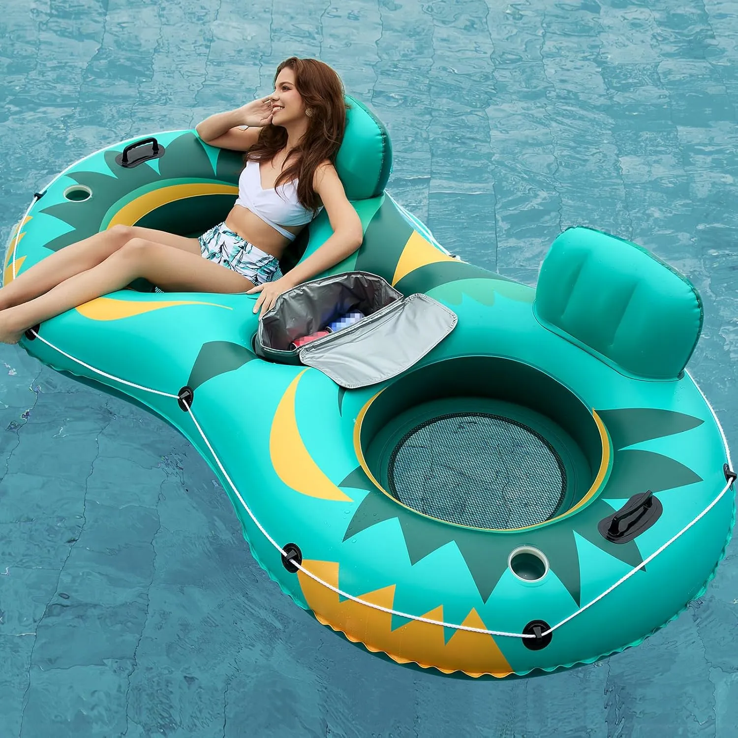 Jasonwell Inflatable River Tube Float - 2 Person Heavy Duty River Float Pool Floats with Removable Cooler Lake Water Tubes for Floating River Raft Lounge Floatie with 2 Cup Holders for Adults (Green)