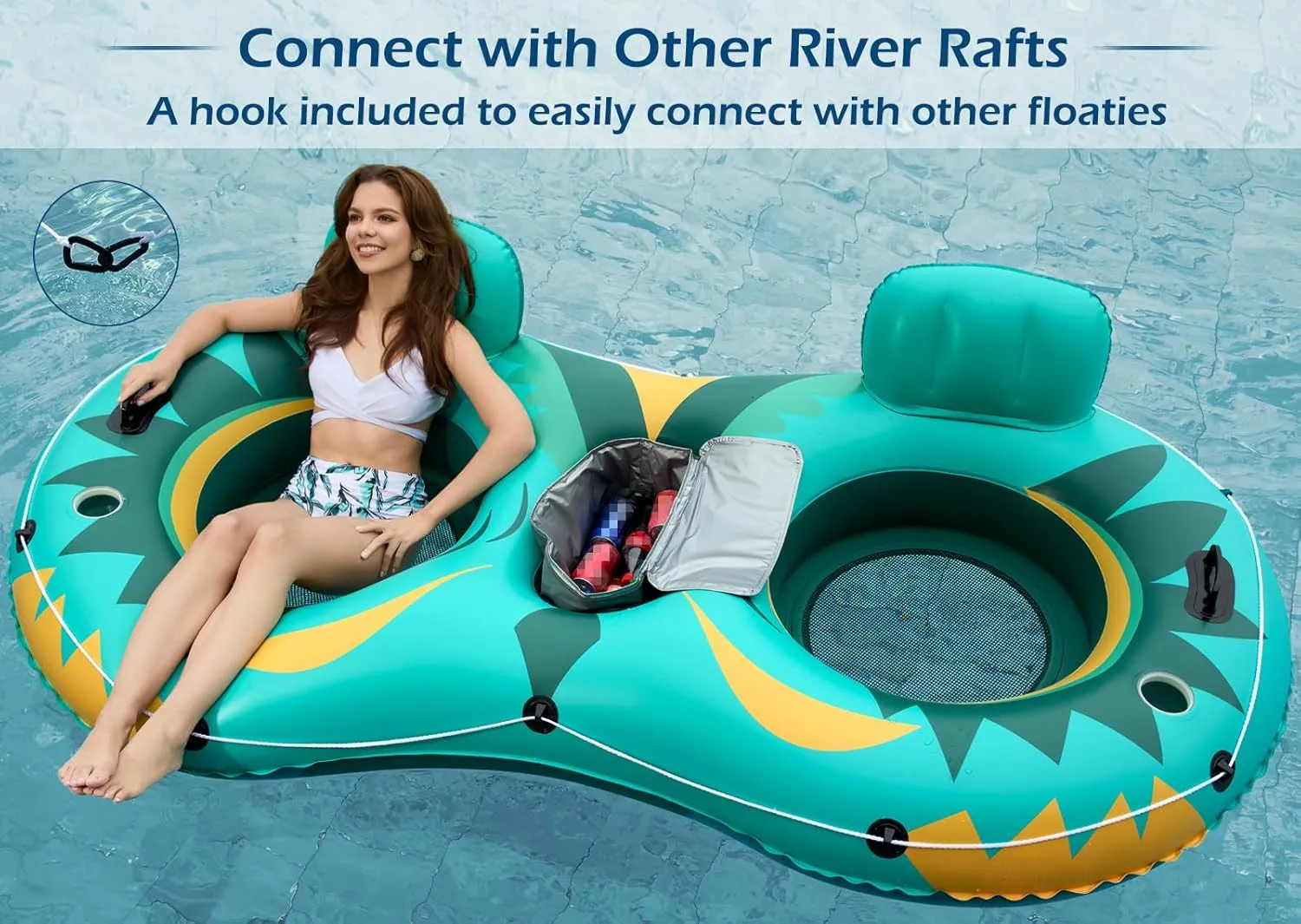 Jasonwell Inflatable River Tube Float - 2 Person Heavy Duty River Float Pool Floats with Removable Cooler Lake Water Tubes for Floating River Raft Lounge Floatie with 2 Cup Holders for Adults (Green)