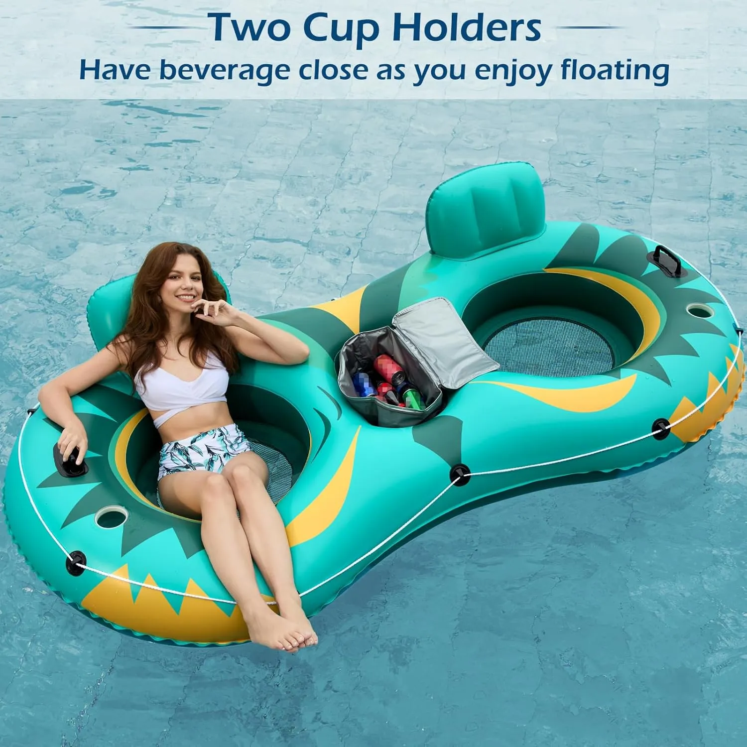 Jasonwell Inflatable River Tube Float - 2 Person Heavy Duty River Float Pool Floats with Removable Cooler Lake Water Tubes for Floating River Raft Lounge Floatie with 2 Cup Holders for Adults (Green)