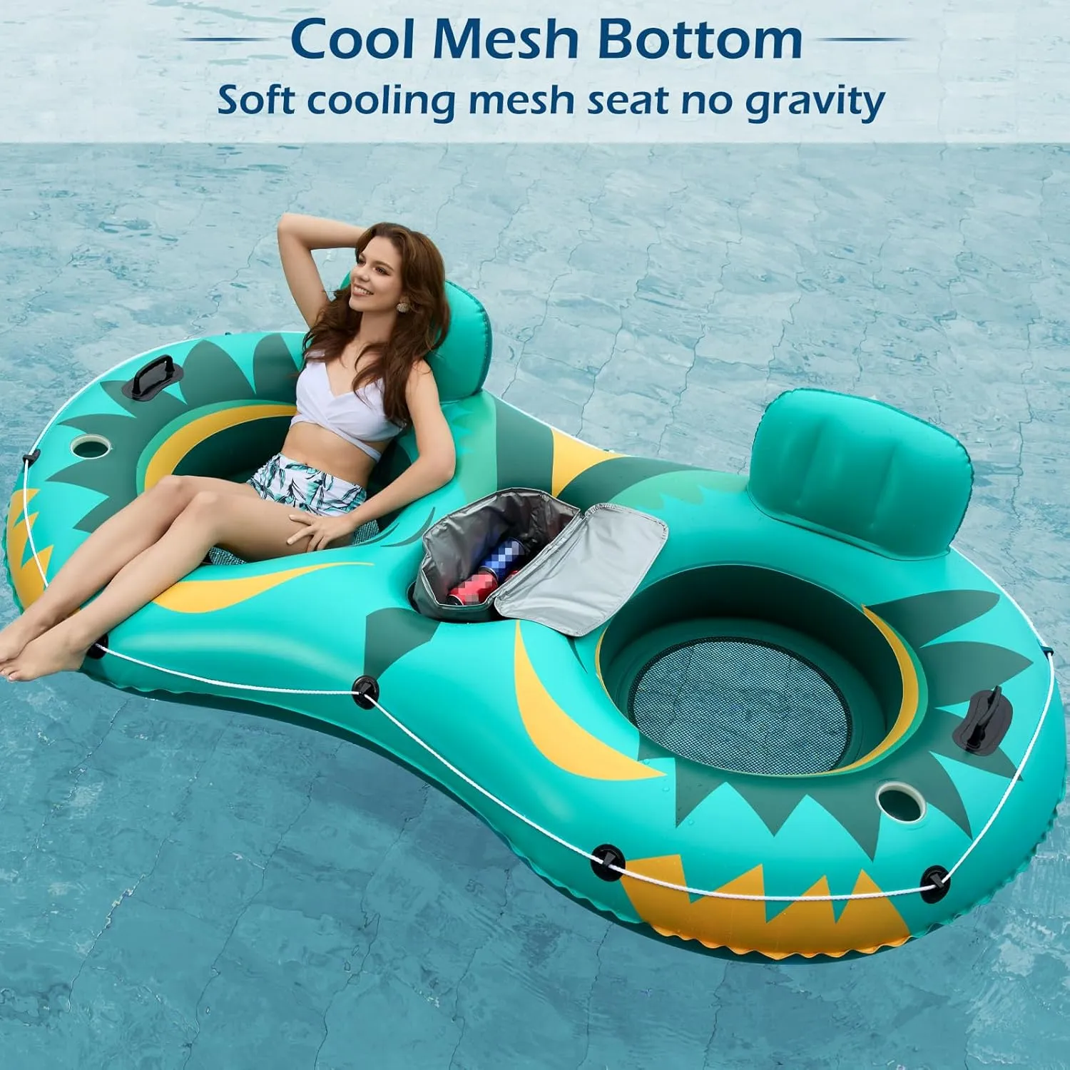 Jasonwell Inflatable River Tube Float - 2 Person Heavy Duty River Float Pool Floats with Removable Cooler Lake Water Tubes for Floating River Raft Lounge Floatie with 2 Cup Holders for Adults (Green)