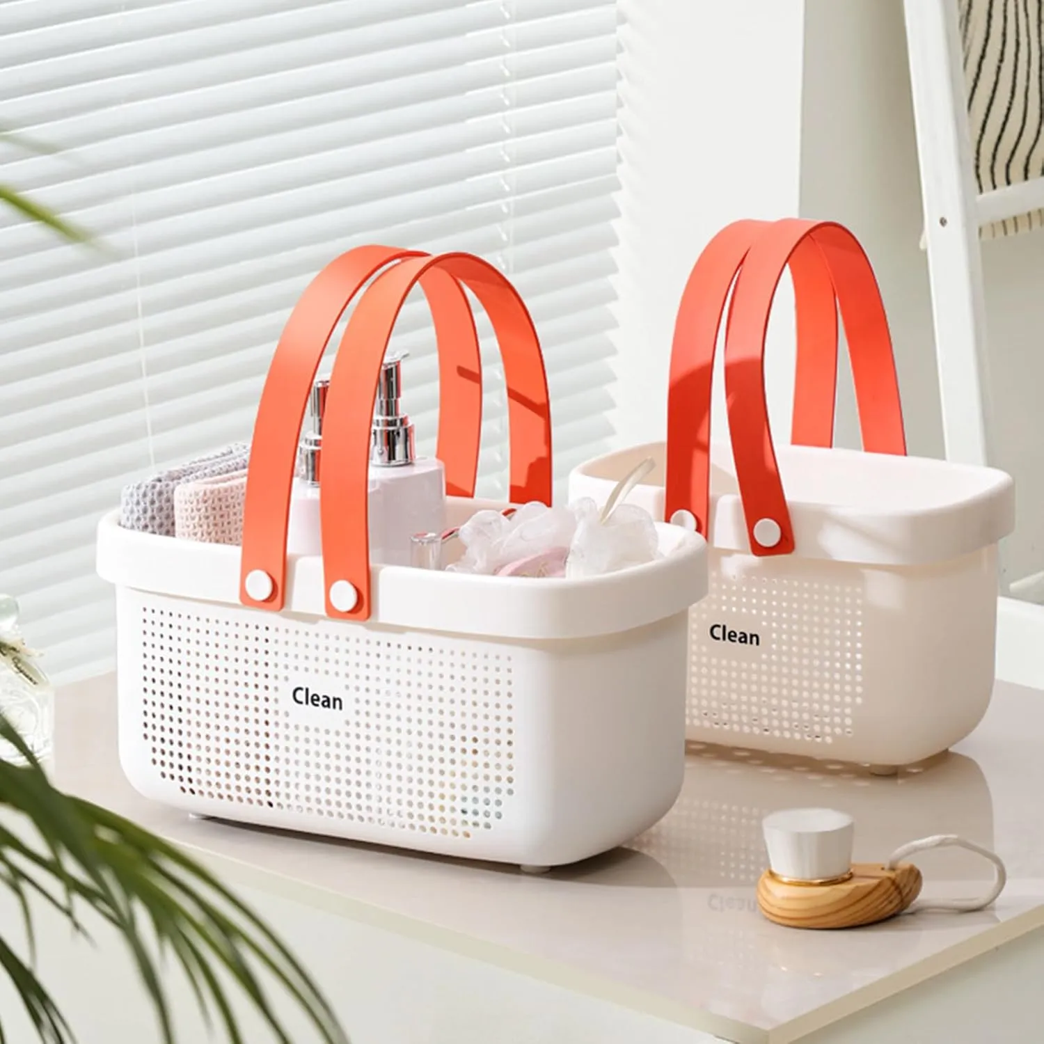 JiatuA Plastic Storage Basket with Handle Portable Shower Caddy Tote Organizer Basket Bin for Bathroom Kitchen Dorm Room Bedroom, White