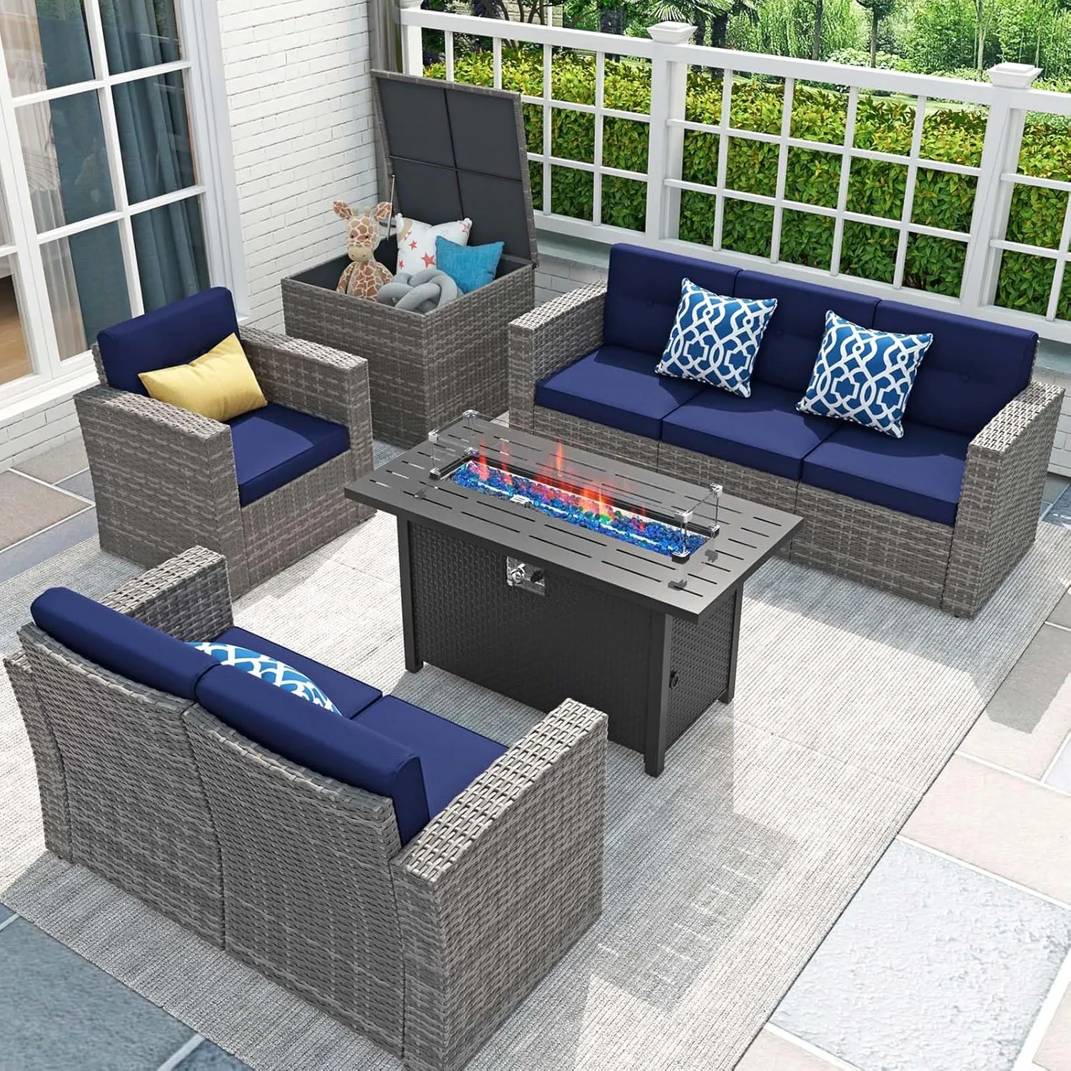 JOIVI Patio Furniture Set with Fire Pit Table, 8 Pieces Rattan Outdoor Conversation Set, 45" 50000 BTU Gas Fire Pit, Sectional Sofa with Storage Box, Navy Blue (Without Table)