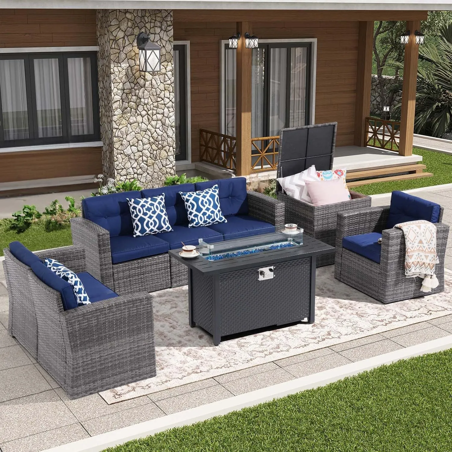 JOIVI Patio Furniture Set with Fire Pit Table, 8 Pieces Rattan Outdoor Conversation Set, 45" 50000 BTU Gas Fire Pit, Sectional Sofa with Storage Box, Navy Blue (Without Table)