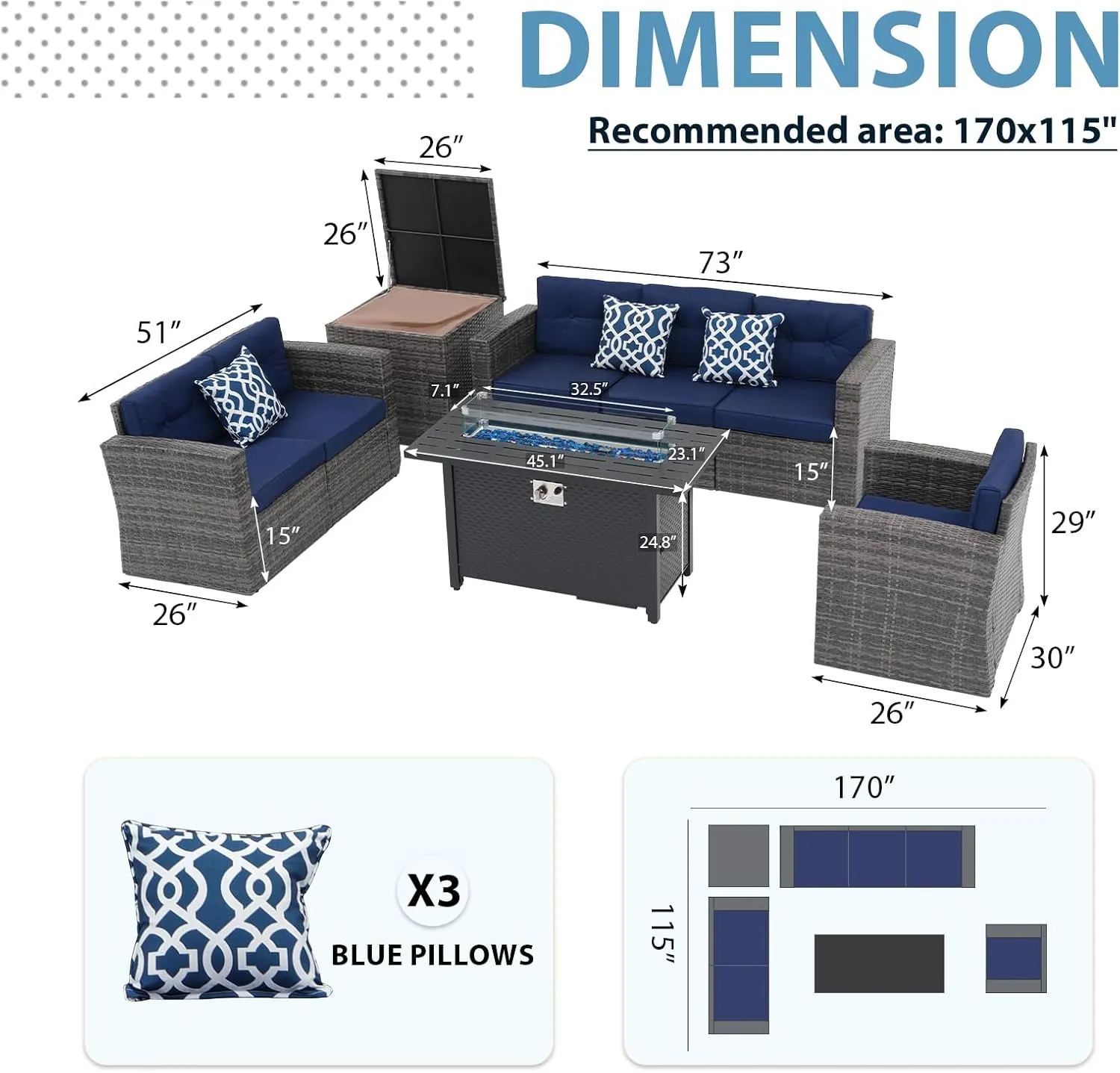 JOIVI Patio Furniture Set with Fire Pit Table, 8 Pieces Rattan Outdoor Conversation Set, 45" 50000 BTU Gas Fire Pit, Sectional Sofa with Storage Box, Navy Blue (Without Table)