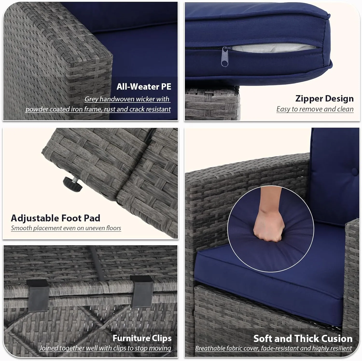 JOIVI Patio Furniture Set with Fire Pit Table, 8 Pieces Rattan Outdoor Conversation Set, 45" 50000 BTU Gas Fire Pit, Sectional Sofa with Storage Box, Navy Blue (Without Table)