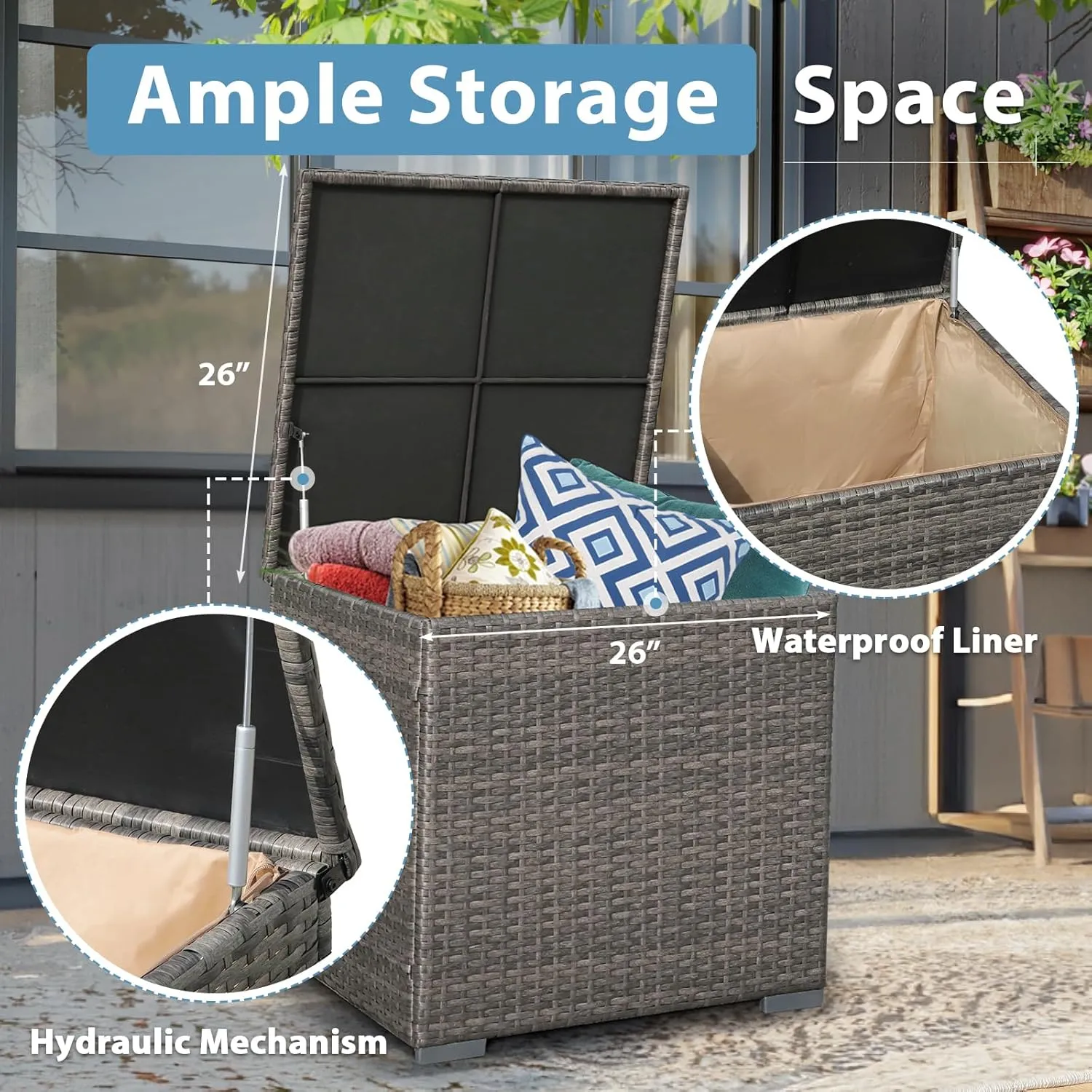 JOIVI Patio Furniture Set with Fire Pit Table, 8 Pieces Rattan Outdoor Conversation Set, 45" 50000 BTU Gas Fire Pit, Sectional Sofa with Storage Box, Navy Blue (Without Table)